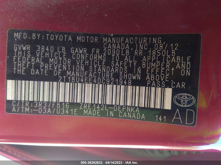 2013 TOYOTA COROLLA LE - 2T1BU4EE4DC921948