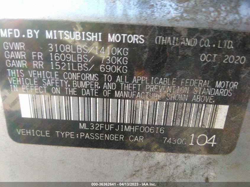 2021 MITSUBISHI MIRAGE G4 ES/LE/CARBONITE EDITION - ML32FUFJ1MHF00616
