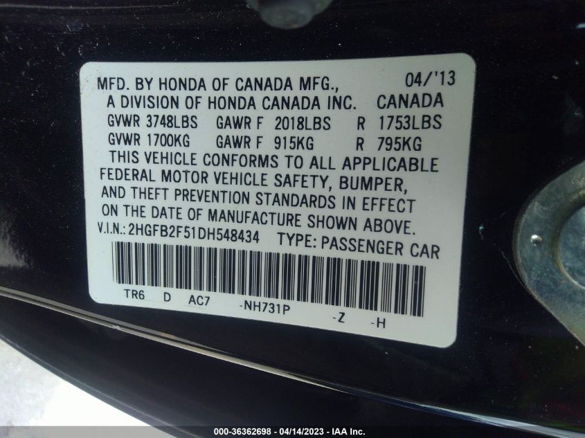 2013 HONDA CIVIC SDN LX - 2HGFB2F51DH548434