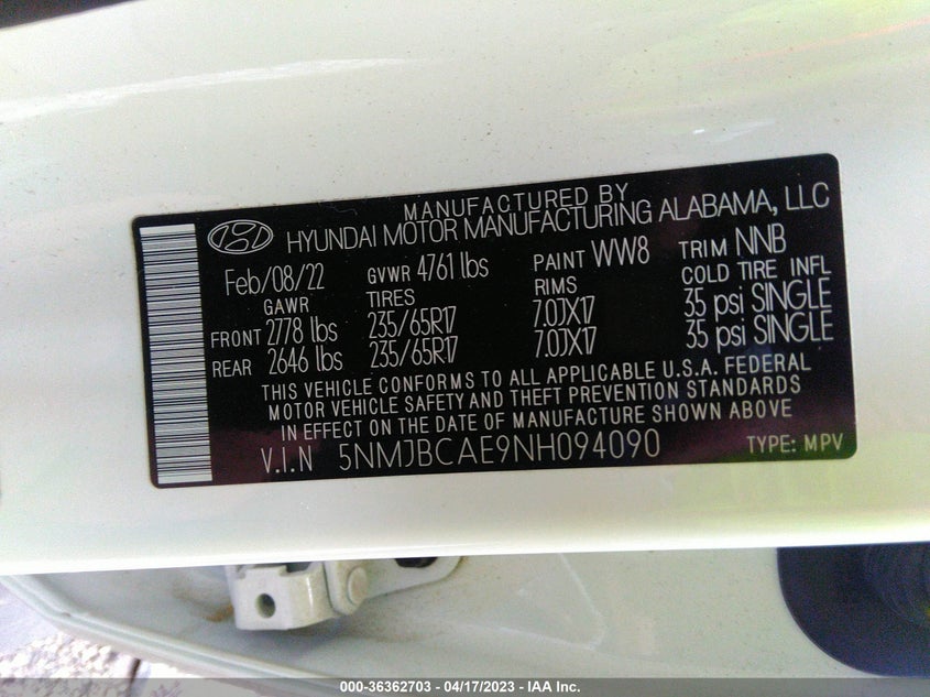VIN 5NMJBCAE9NH094090 2022 HYUNDAI TUCSON SEL