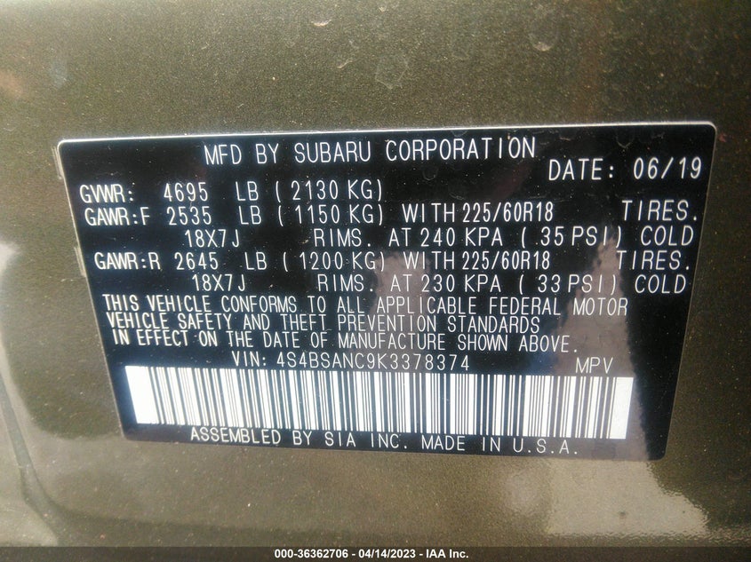 VIN 4S4BSANC9K3378374 2019 SUBARU OUTBACK LIMITED