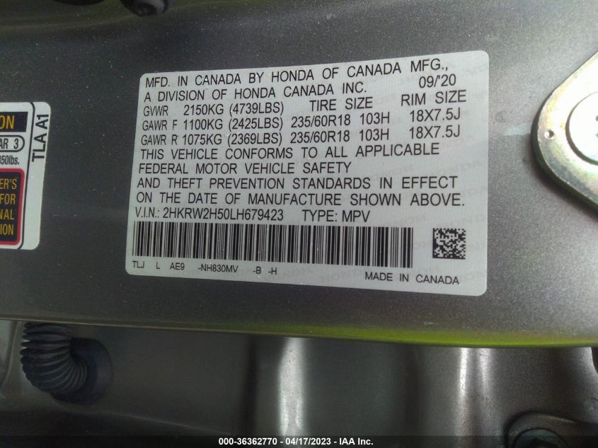 2020 HONDA CR-V EX - 2HKRW2H50LH679423