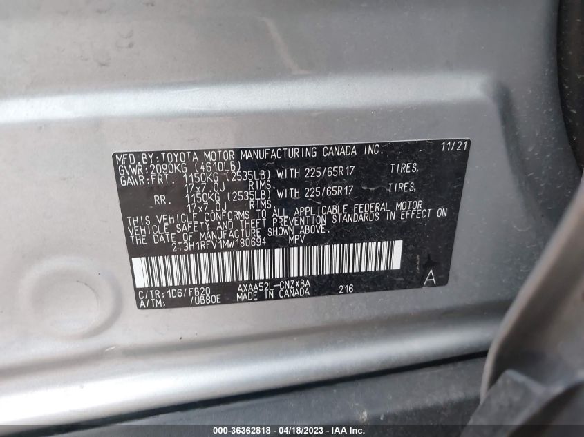 2021 TOYOTA RAV4 LE - 2T3H1RFV1MW180694