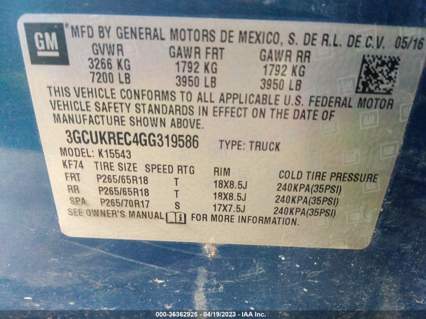 2016 CHEVROLET SILVERADO 1500 LT - 3GCUKREC4GG319586