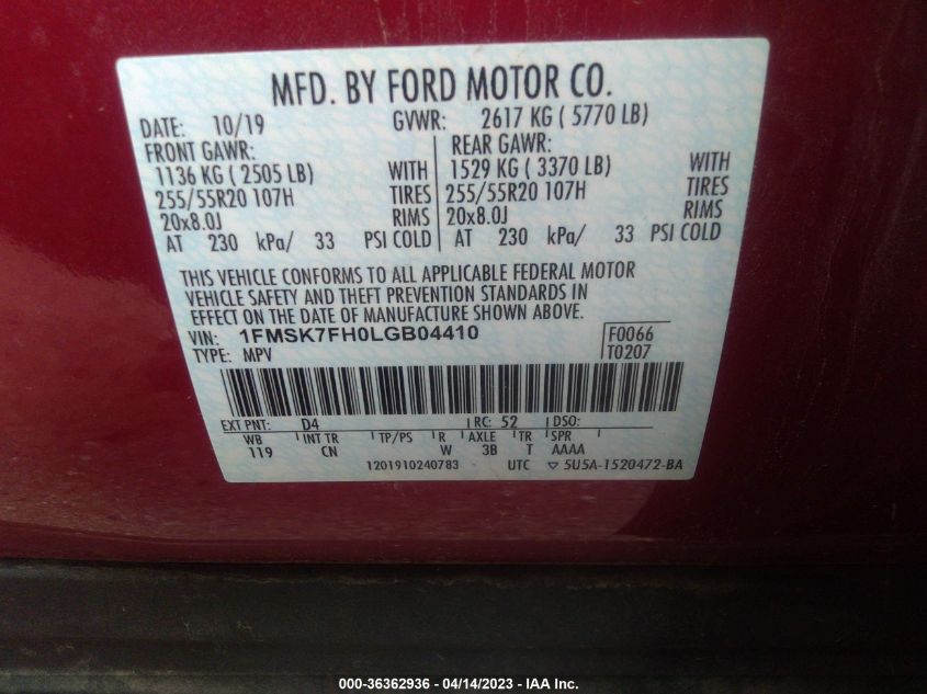 2020 FORD EXPLORER LIMITED - 1FMSK7FH0LGB04410