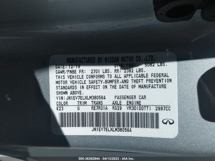 2020 INFINITI Q60 3.0T LUXE JN1EV7ELXLM380564
