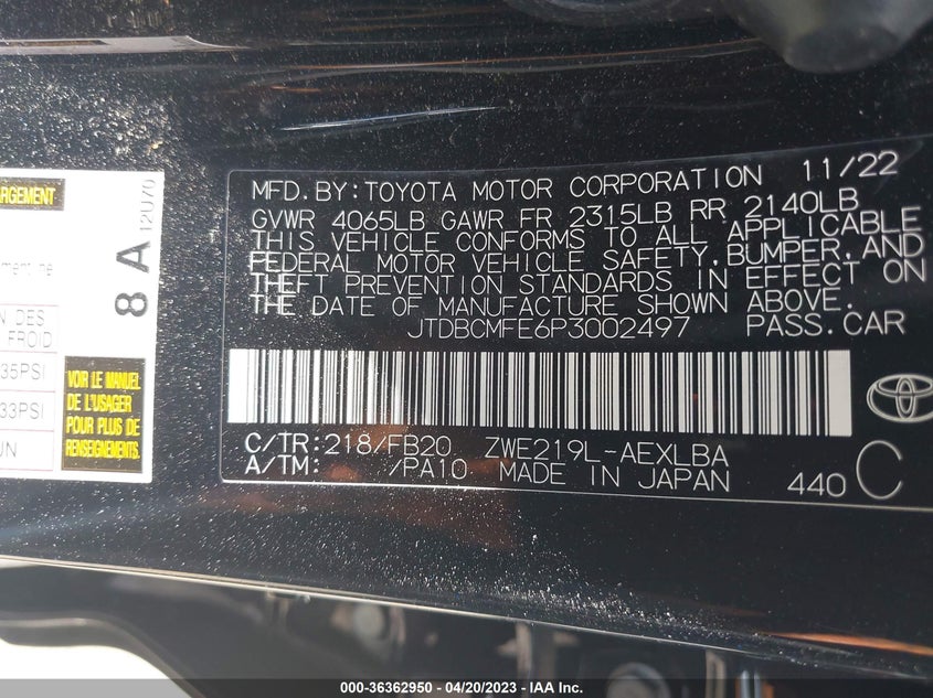 VIN JTDBCMFE6P3002497 2023 TOYOTA COROLLA HYBRID