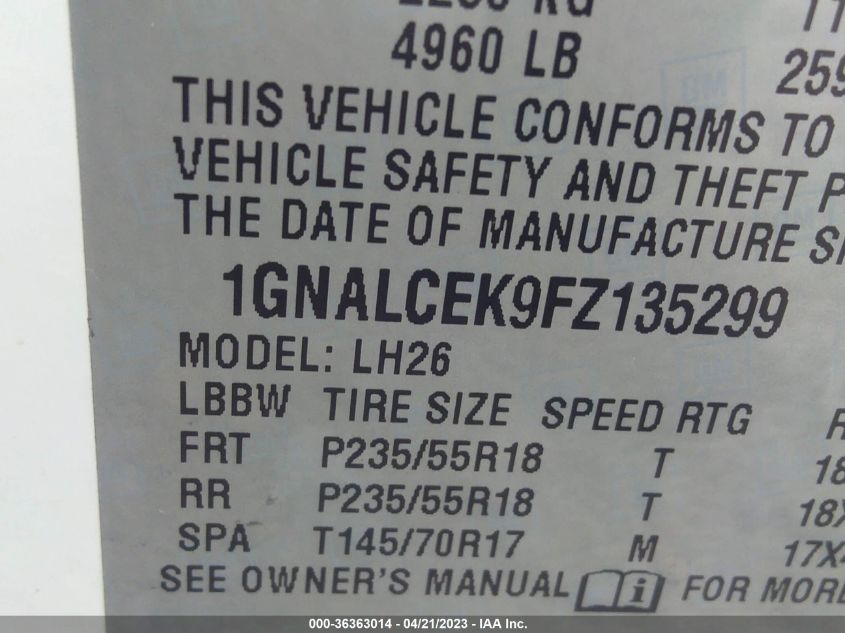 2015 CHEVROLET EQUINOX LT - 1GNALCEK9FZ135299