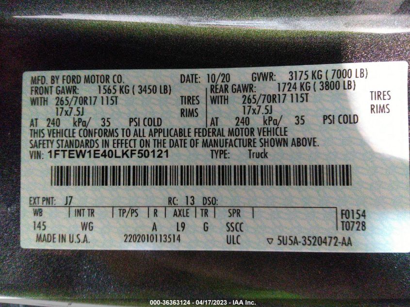2020 FORD F-150 XL/XLT/LARIAT - 1FTEW1E40LKF50121