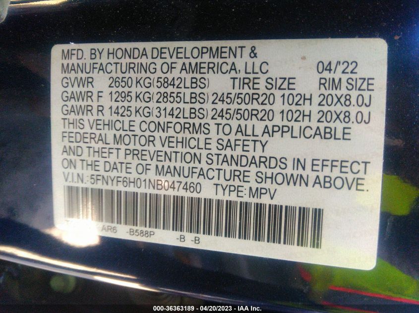 2022 HONDA PILOT ELITE - 5FNYF6H01NB047460