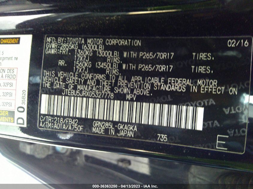 2016 TOYOTA 4RUNNER LIMITED/TRAIL/SR5 - JTEBU5JRXG5327778