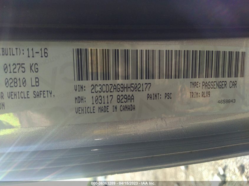 VIN 2C3CDZAG9HH502177 2017 DODGE CHALLENGER SXT PLUS