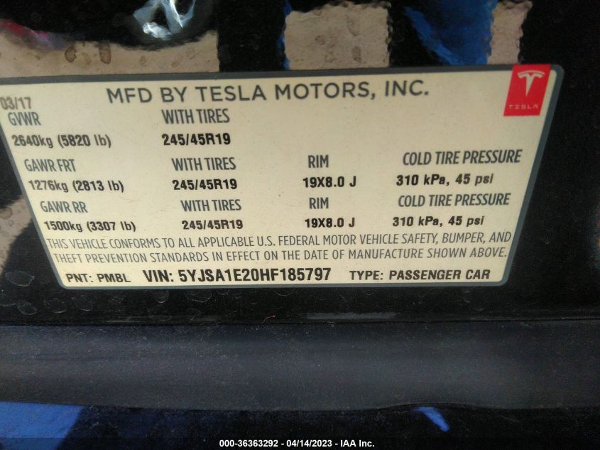 2017 TESLA MODEL S 100D/90D/75D/60D/P100D - 5YJSA1E20HF185797