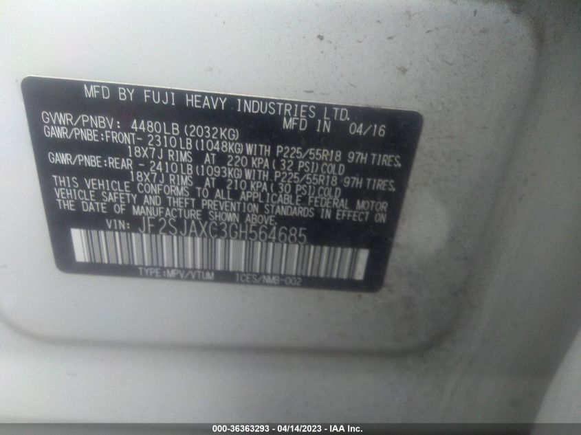 2016 SUBARU FORESTER 2.5I TOURING - JF2SJAXC3GH564685