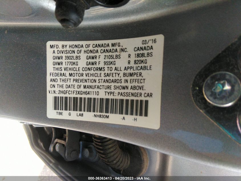 2016 HONDA CIVIC SEDAN EX-T - 2HGFC1F3XGH641110