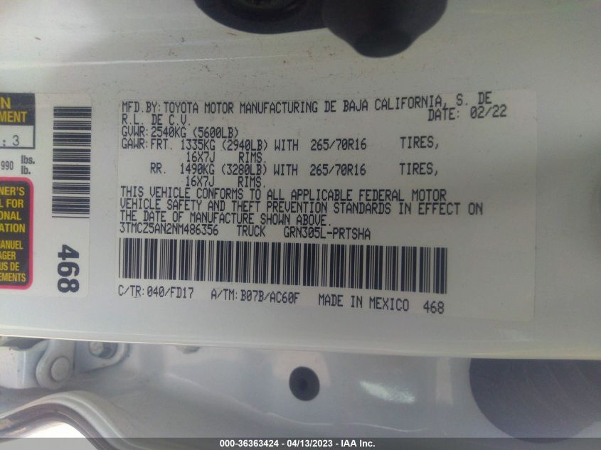 2022 TOYOTA TACOMA 4WD SR/SR5/TRD SPORT - 3TMCZ5AN2NM486356