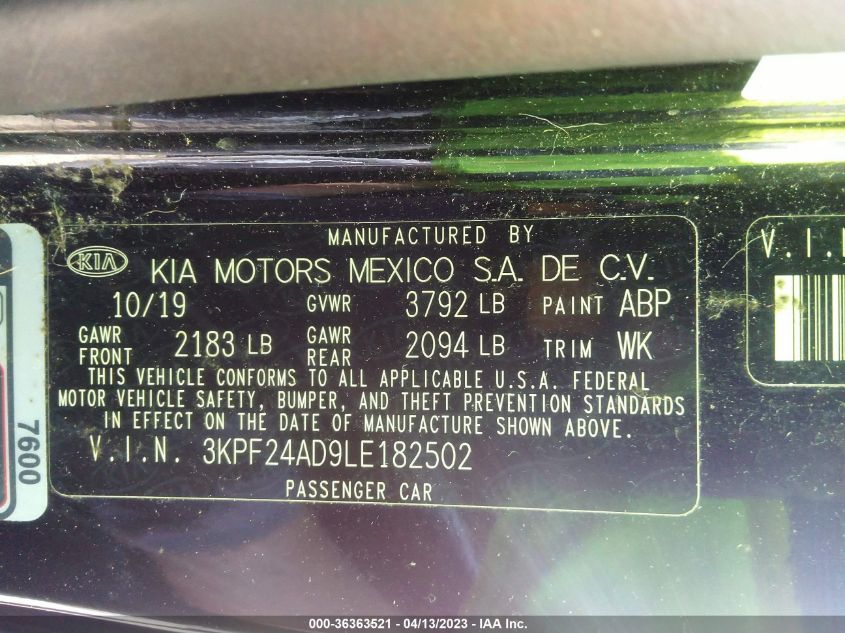 2020 KIA FORTE FE - 3KPF24AD9LE182502