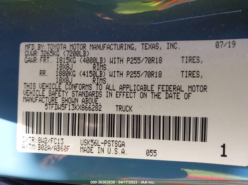 2019 TOYOTA TUNDRA 4WD SR5 - 5TFDW5F13KX866282