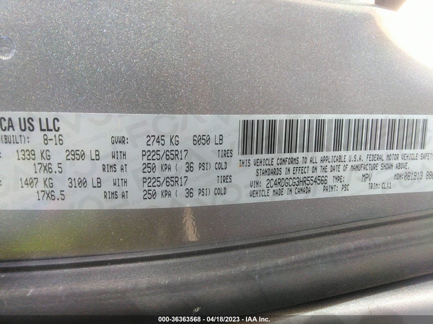 VIN 2C4RDGCG3HR554566 2017 DODGE GRAND CARAVAN SXT