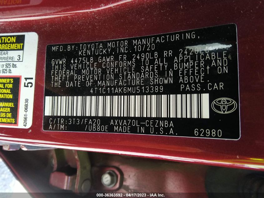 2021 TOYOTA CAMRY LE - 4T1C11AK6MU513389