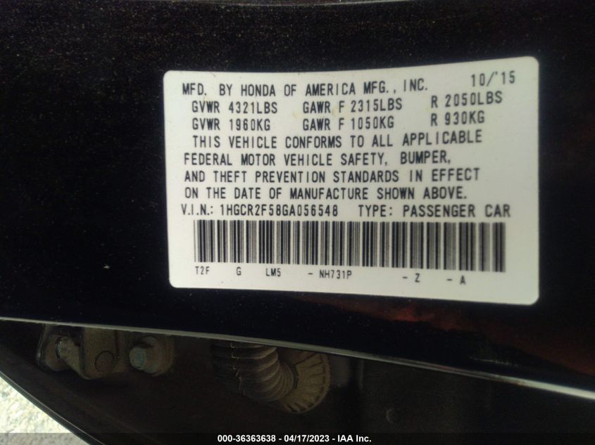 2016 HONDA ACCORD SEDAN SPORT - 1HGCR2F58GA056548