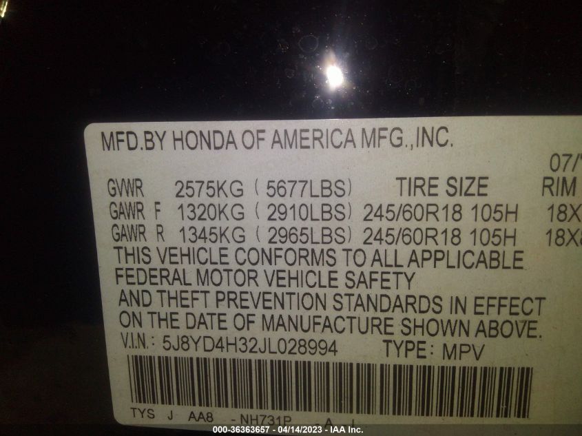 2018 ACURA MDX - 5J8YD4H32JL028994