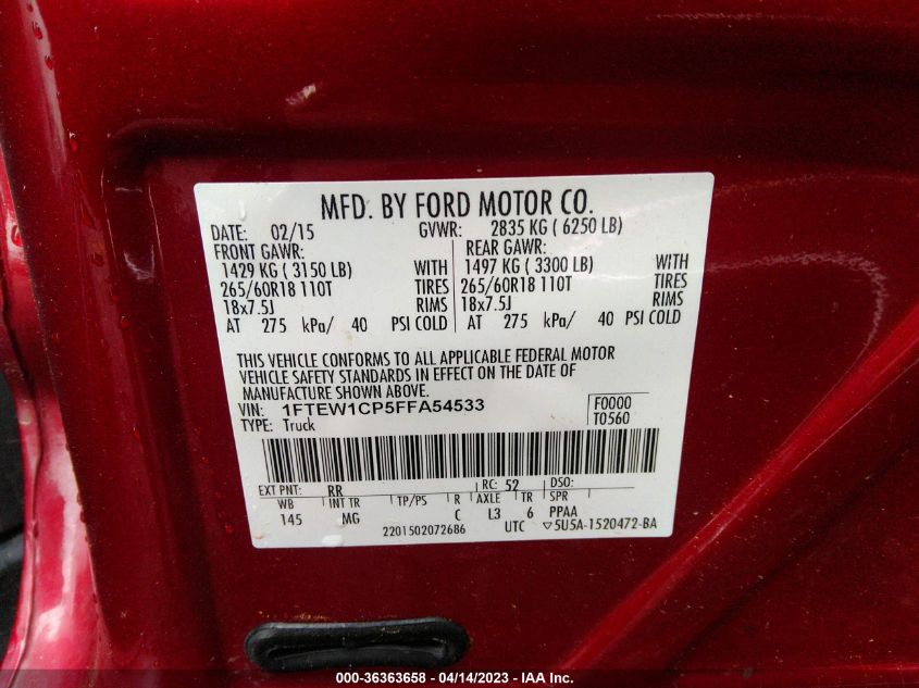 2015 FORD F-150 XL/LARIAT/XLT - 1FTEW1CP5FFA54533