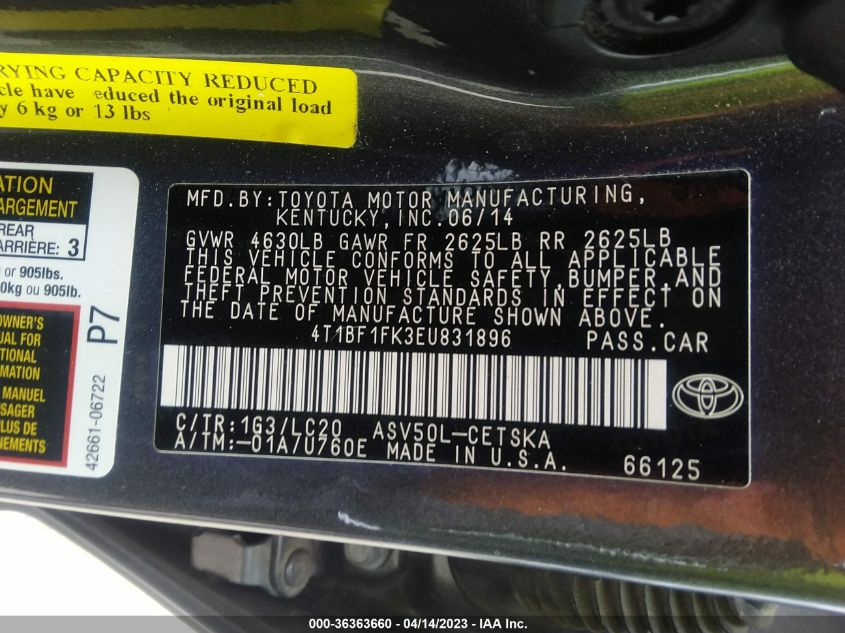 2014 TOYOTA CAMRY L/LE/XLE/SE/SE SPORT - 4T1BF1FK3EU831896