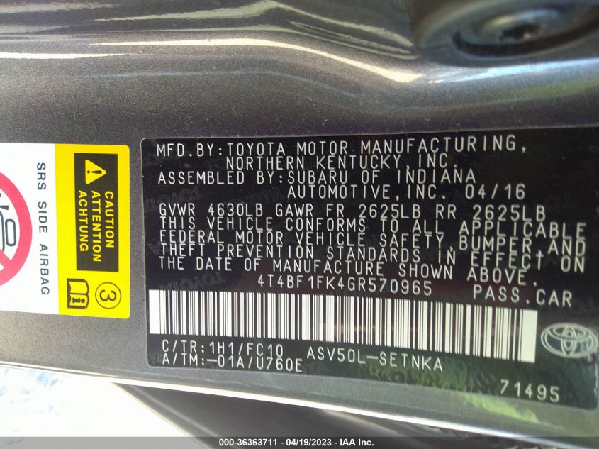 2016 TOYOTA CAMRY XLE/SE/LE/XSE - 4T4BF1FK4GR570965