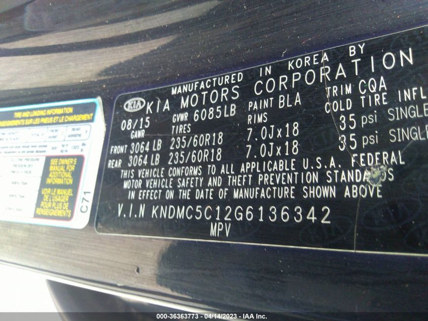 2016 KIA SEDONA EX - KNDMC5C12G6136342