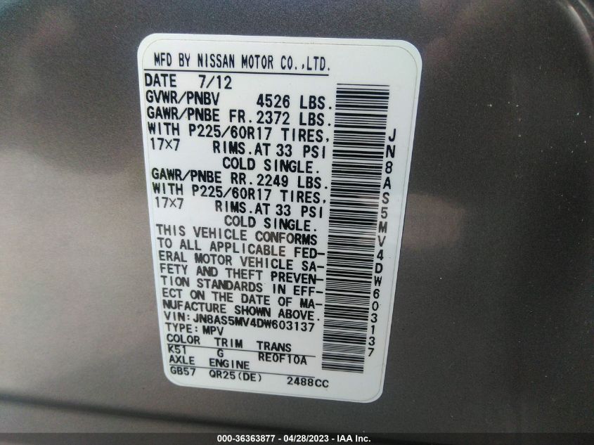 2013 NISSAN ROGUE SV - JN8AS5MV4DW603137