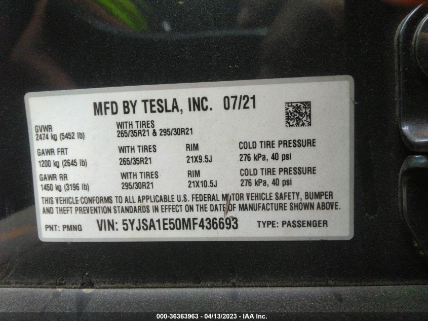 2021 TESLA MODEL S LONG RANGE - 5YJSA1E50MF436693