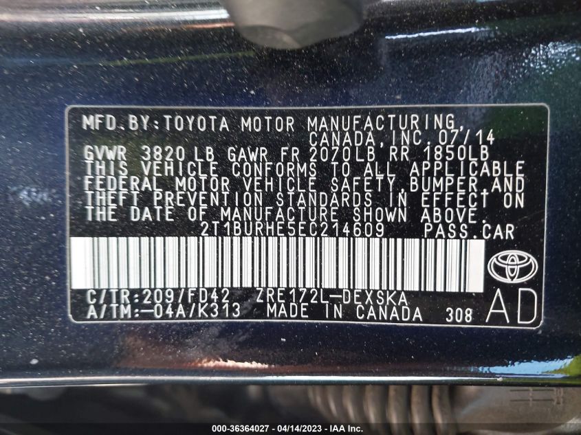2014 TOYOTA COROLLA L/LE/S/S PLUS/LE PLUS - 2T1BURHE5EC214609