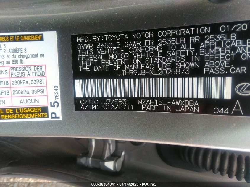 2020 LEXUS UX UX 250H F SPORT - JTHR9JBHXL2025873