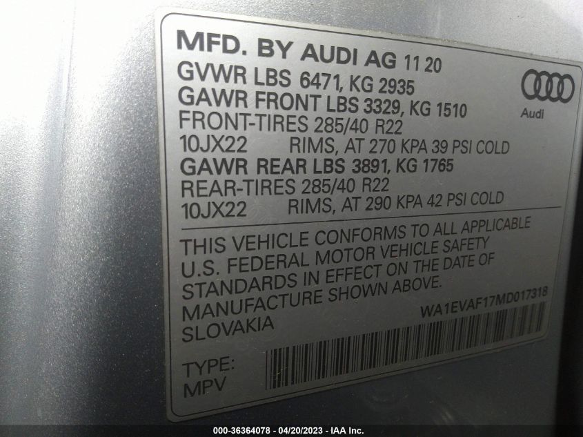 2021 AUDI Q8 PREMIUM PLUS - WA1EVAF17MD017318