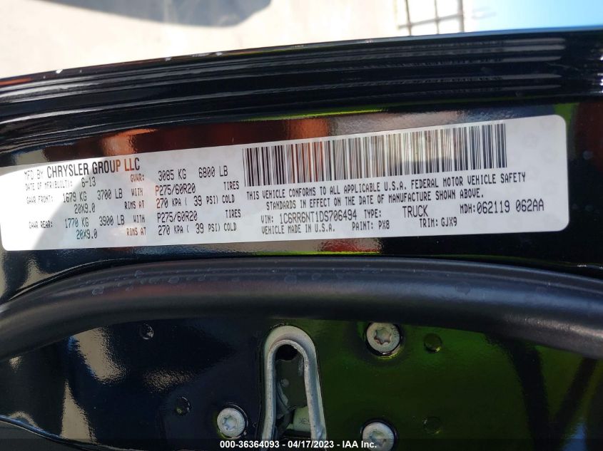 2013 RAM 1500 LARAMIE - 1C6RR6NT1DS706494