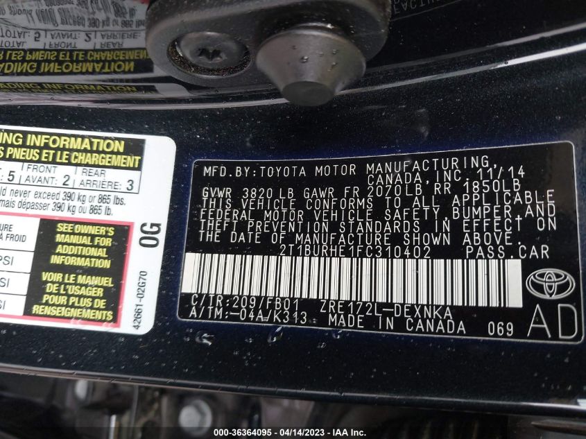 2015 TOYOTA COROLLA L/LE/S/S PLUS/LE PLUS - 2T1BURHE1FC310402