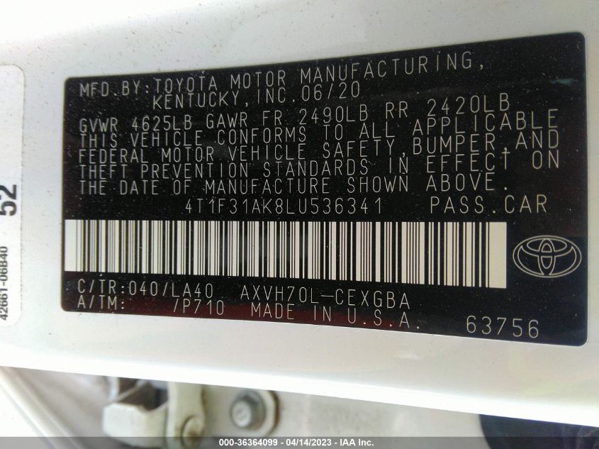 2020 TOYOTA CAMRY HYBRID XLE - 4T1F31AK8LU536341