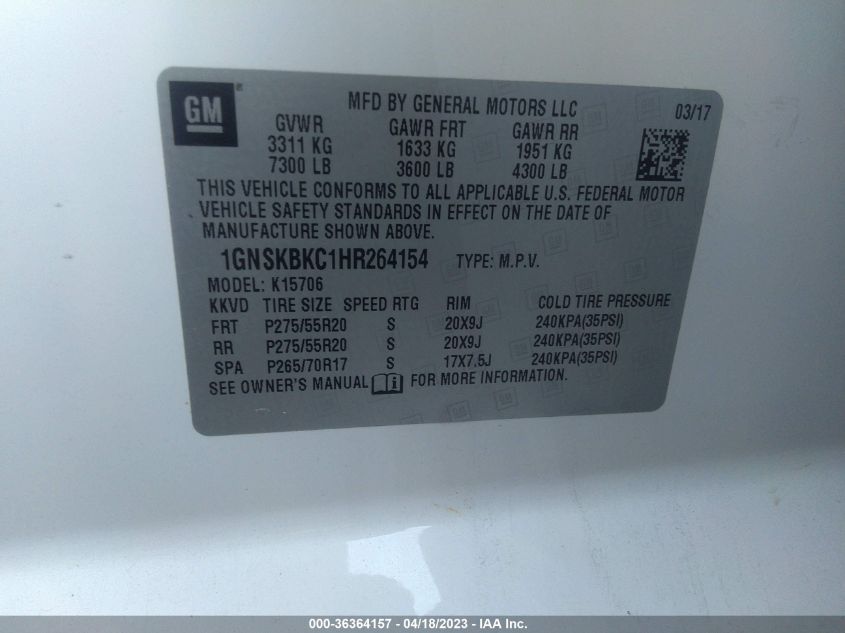 2017 CHEVROLET TAHOE LT - 1GNSKBKC1HR264154