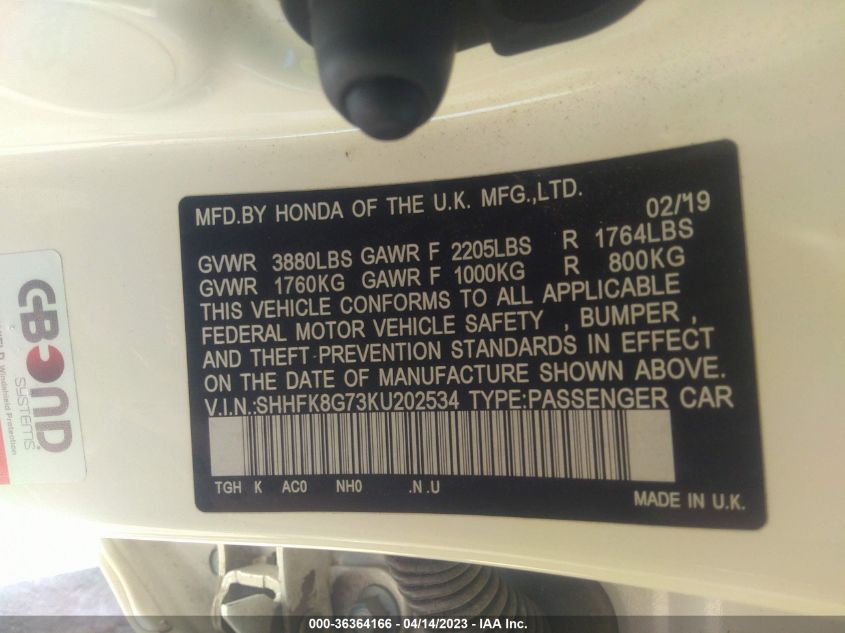 2019 HONDA CIVIC TYPE R TOURING - SHHFK8G73KU202534