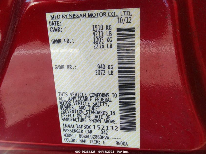 2013 NISSAN ALTIMA 2.5 SV - 1N4AL3AP3DC152132