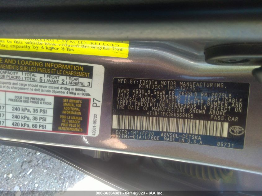 2016 TOYOTA CAMRY XLE/SE/LE/XSE - 4T1BF1FK3GU558459