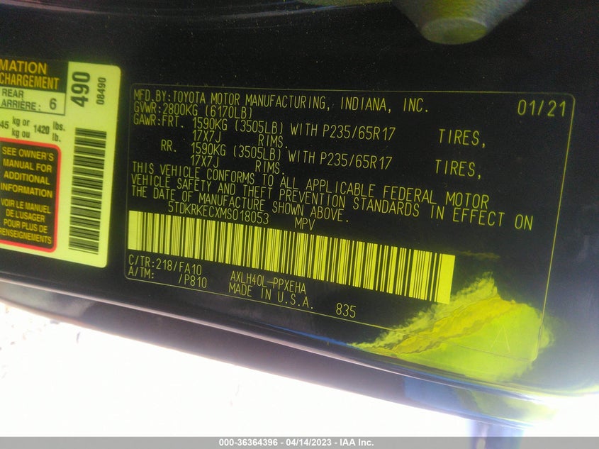 VIN 5TDKRKECXMS018053 2021 TOYOTA SIENNA LE