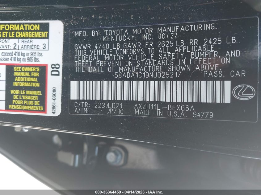 2022 LEXUS ES ES 300H - 58ADA1C19NU025217