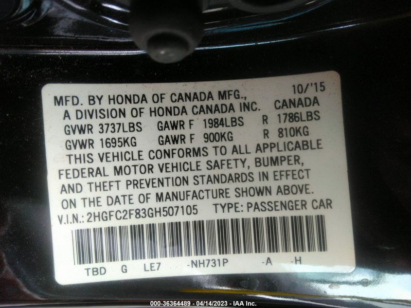 2016 HONDA CIVIC SEDAN EX - 2HGFC2F83GH507105