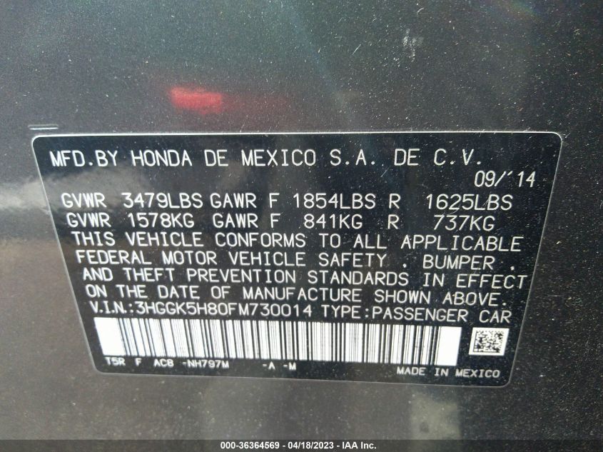 2015 HONDA FIT EX-L/EX - 3HGGK5H80FM730014