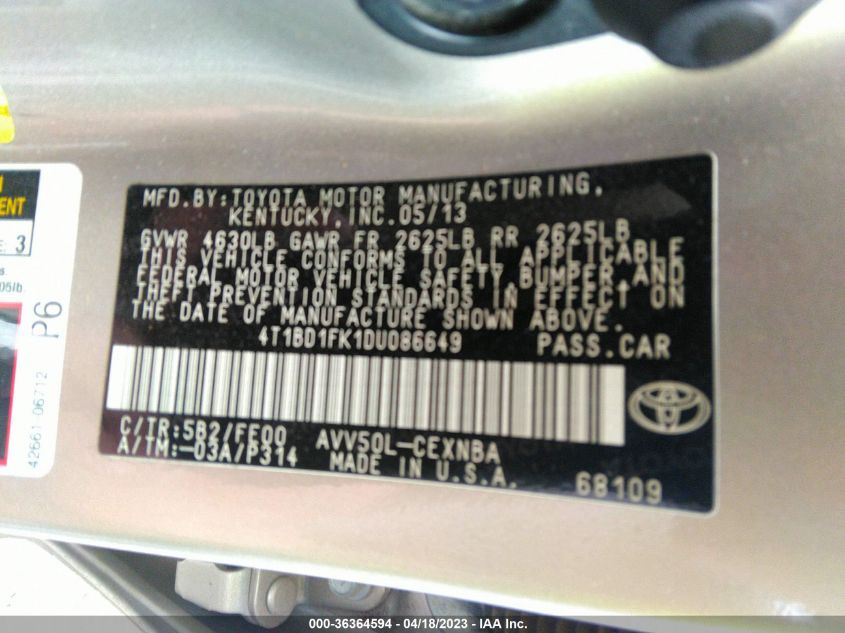2013 TOYOTA CAMRY HYBRID LE/XLE - 4T1BD1FK1DU086649