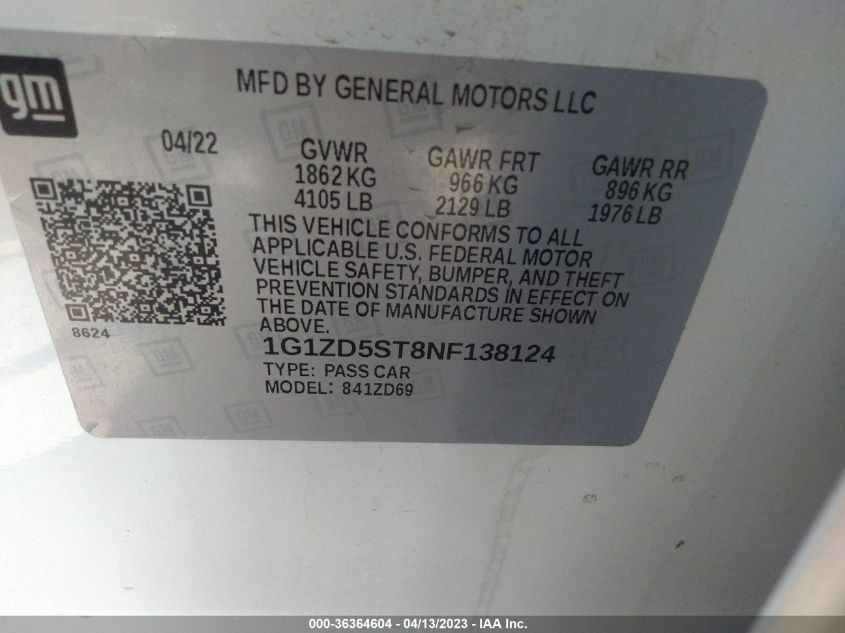2022 CHEVROLET MALIBU LT - 1G1ZD5ST8NF138124