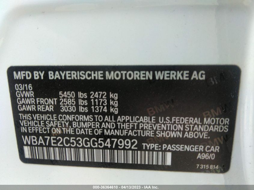 2016 BMW 7 SERIES 740I - WBA7E2C53GG547992