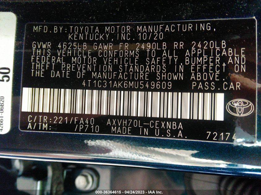 2021 TOYOTA CAMRY HYBRID LE - 4T1C31AK6MU549609